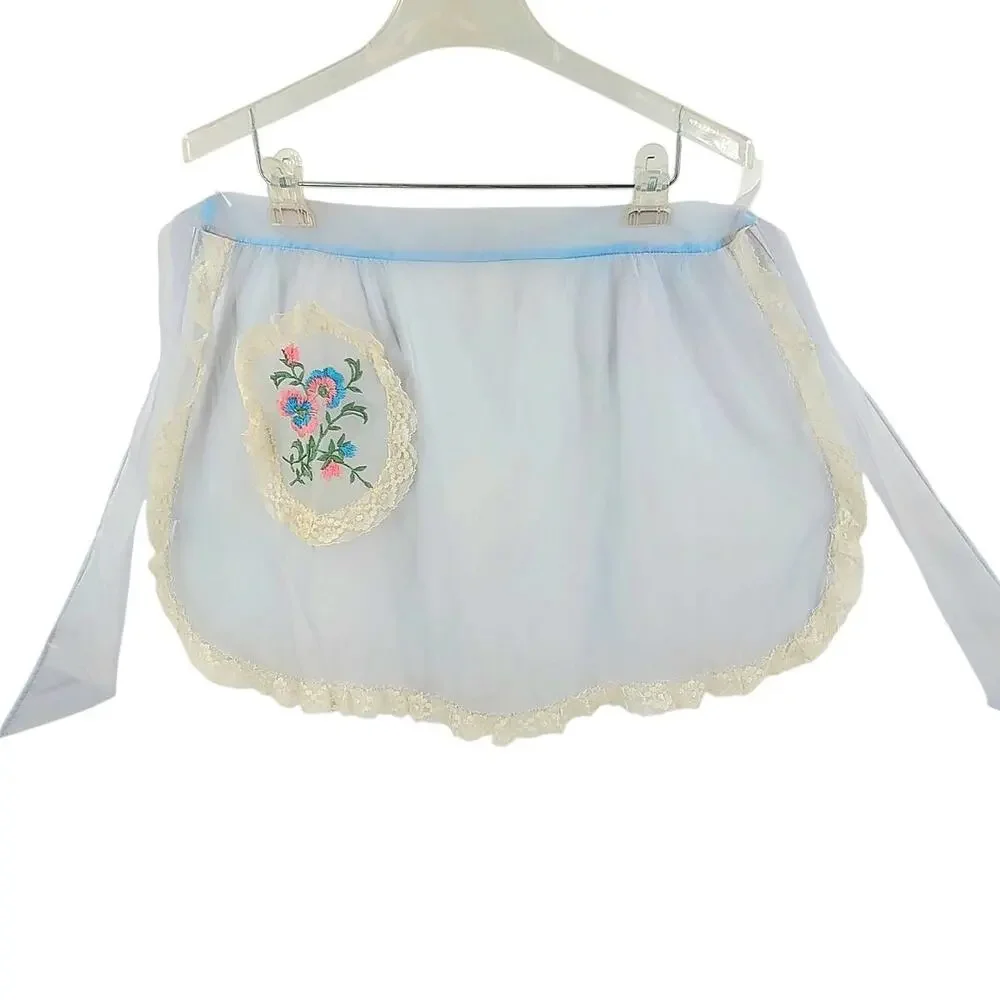 Vintage Blue Hostess Apron 1950s Lace Trim Cottagecore Style Coquette‎ Soft Gitl